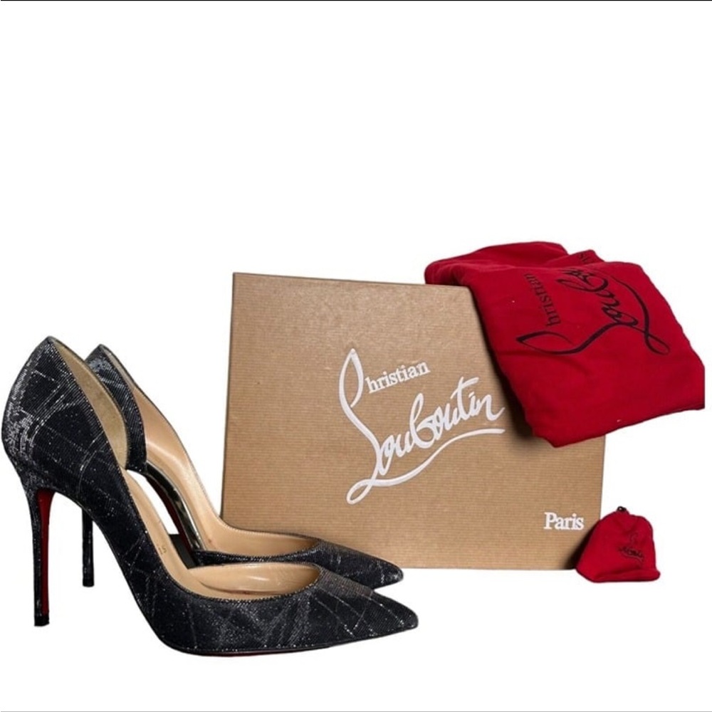 Christian Louboutin Women's Sz 37.5 Iriza 100 Tissu Black Etincelle Heels